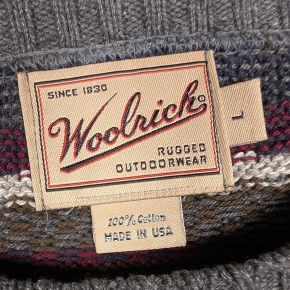 Vintage Woolrich Sweater Mens Large Fair Isle Stripe Cotton Knit Made USA - Picture 3 of 7